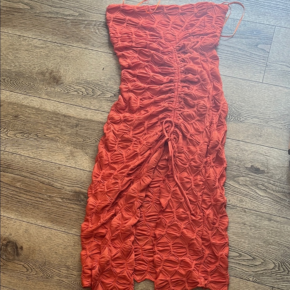 Silence + Noise Strapless Orange Dress front slit
